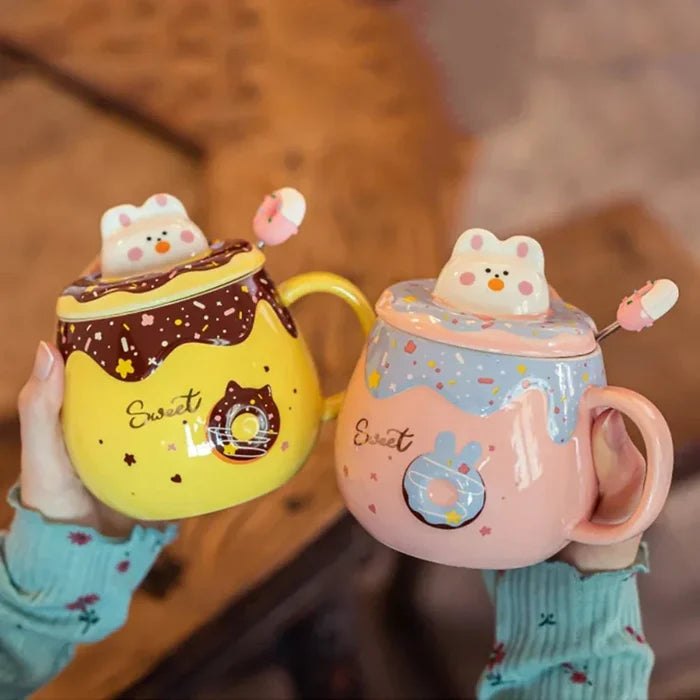 Kitten Theme Donut Cartoon Mug with Cover: yellow, brown bear character, kawaii cartoon style