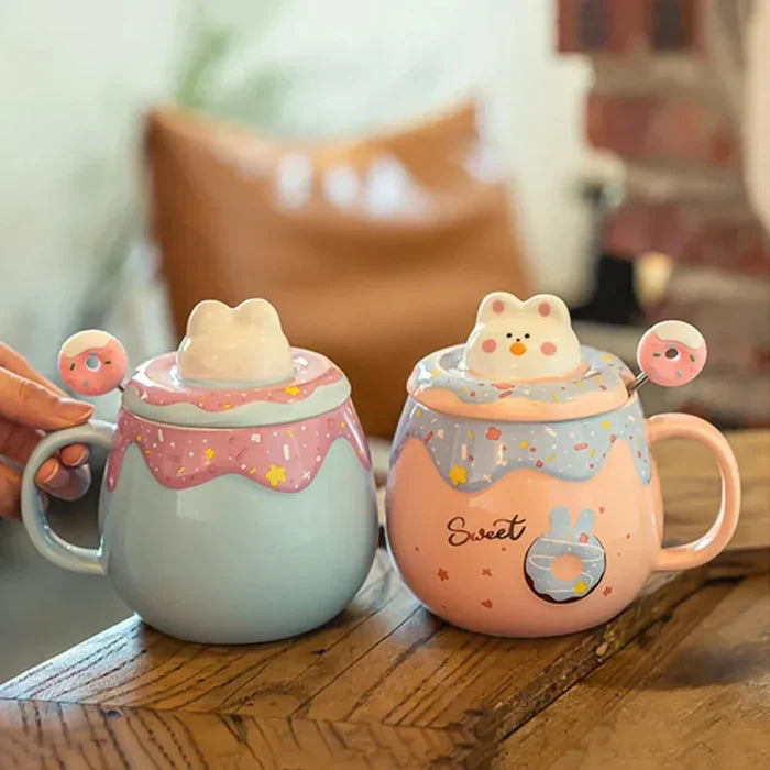 Kitten Theme Donut Cartoon Mug with Cover: yellow, brown bear character, kawaii cartoon style