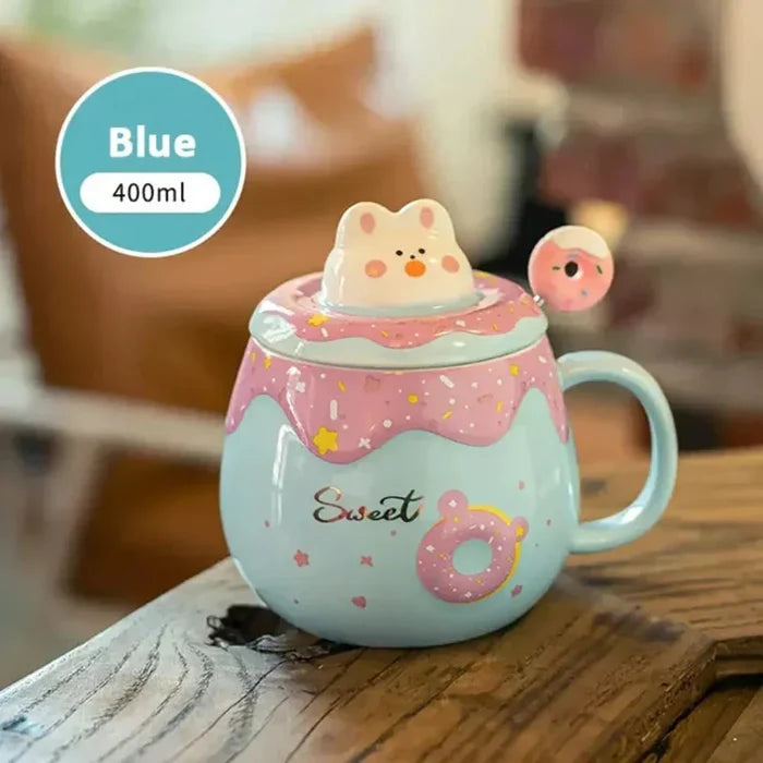Kitten Theme Donut Cartoon Mug with Cover: yellow, brown bear character, kawaii cartoon style