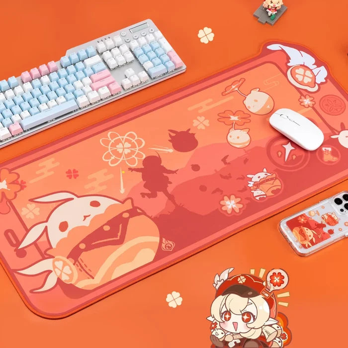 Klee Genshin Impact Mouse Pad: coral orange, pink anime-style character and rabbit-themed illustration, kawaii cartoon style