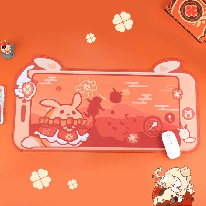 Klee Genshin Impact Mouse Pad: coral orange, pink anime-style character and rabbit-themed illustration, kawaii cartoon style