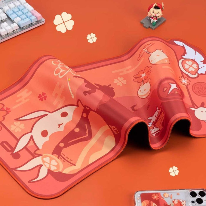 Klee Genshin Impact Mouse Pad: coral orange, pink anime-style character and rabbit-themed illustration, kawaii cartoon style