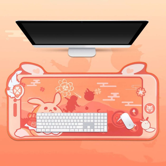 Klee Genshin Impact Mouse Pad: coral orange, pink anime-style character and rabbit-themed illustration, kawaii cartoon style