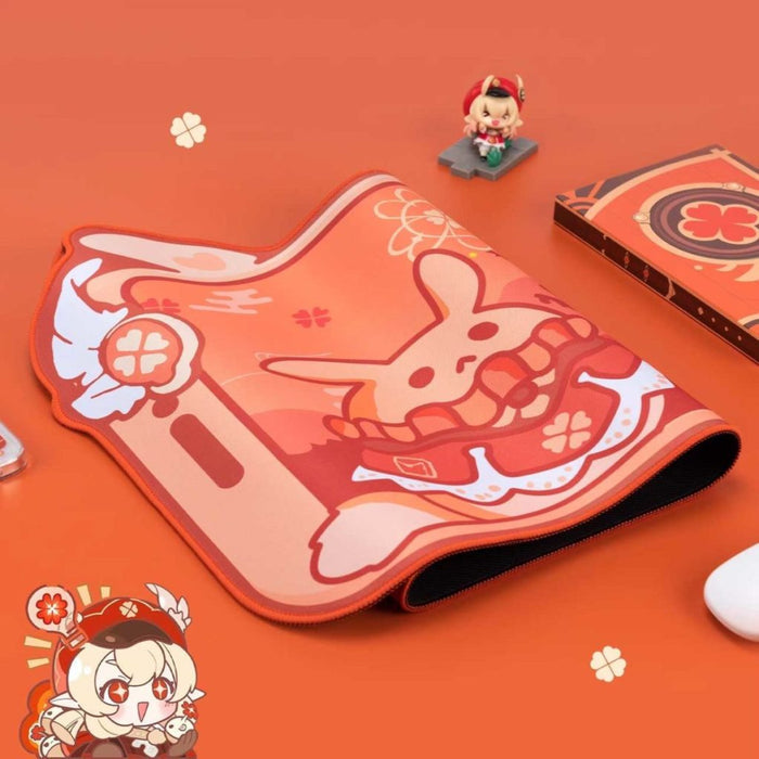 Klee Genshin Impact Mouse Pad: coral orange, pink anime-style character and rabbit-themed illustration, kawaii cartoon style