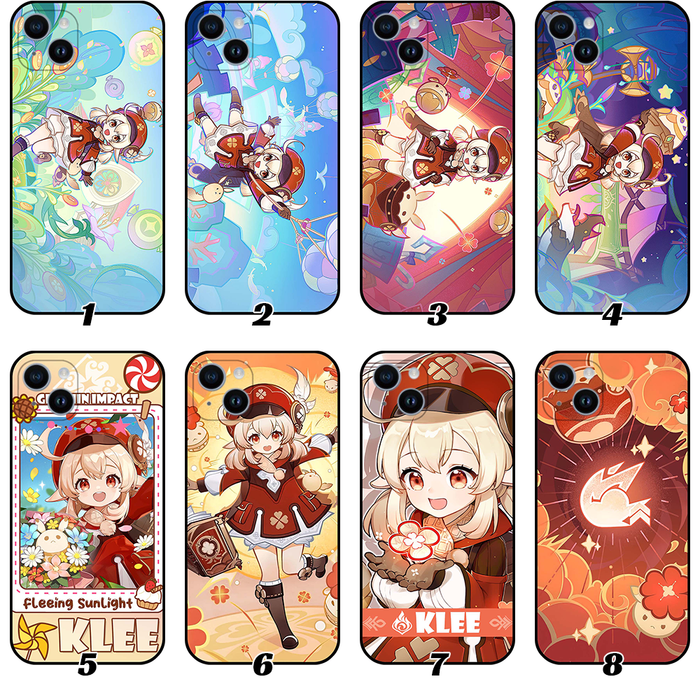 Klee Genshin Impact Phone Case: orange, red anime-style girl character, labeled "KLEE" on some designs, colorful anime/cartoo