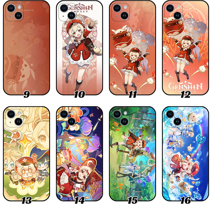 Klee Genshin Impact Phone Case: orange, red anime-style girl character, labeled "KLEE" on some designs, colorful anime/cartoo