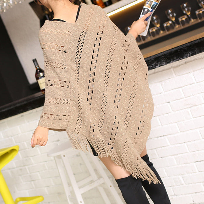 Knit Fringed Poncho for Women: beige, tan fringed poncho, bohemian style