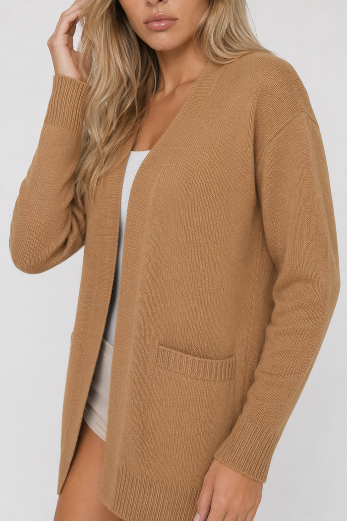 Knitted Open Cardigan for Women - Medium Length Khaki