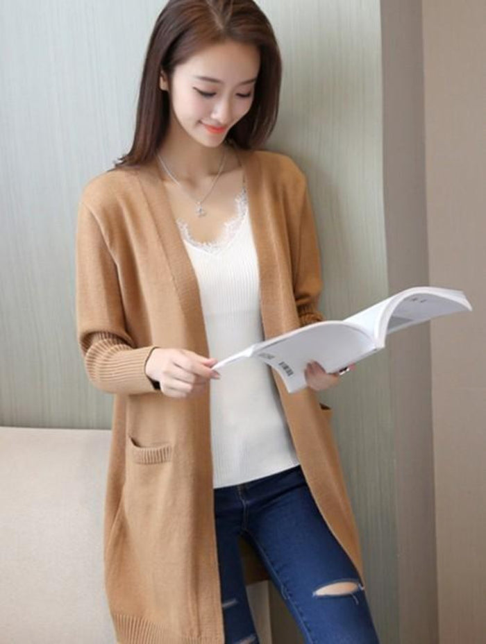 Knitted Open Cardigan for Women, Medium Length: camel brown, white open-front cardigan, casual minimal style