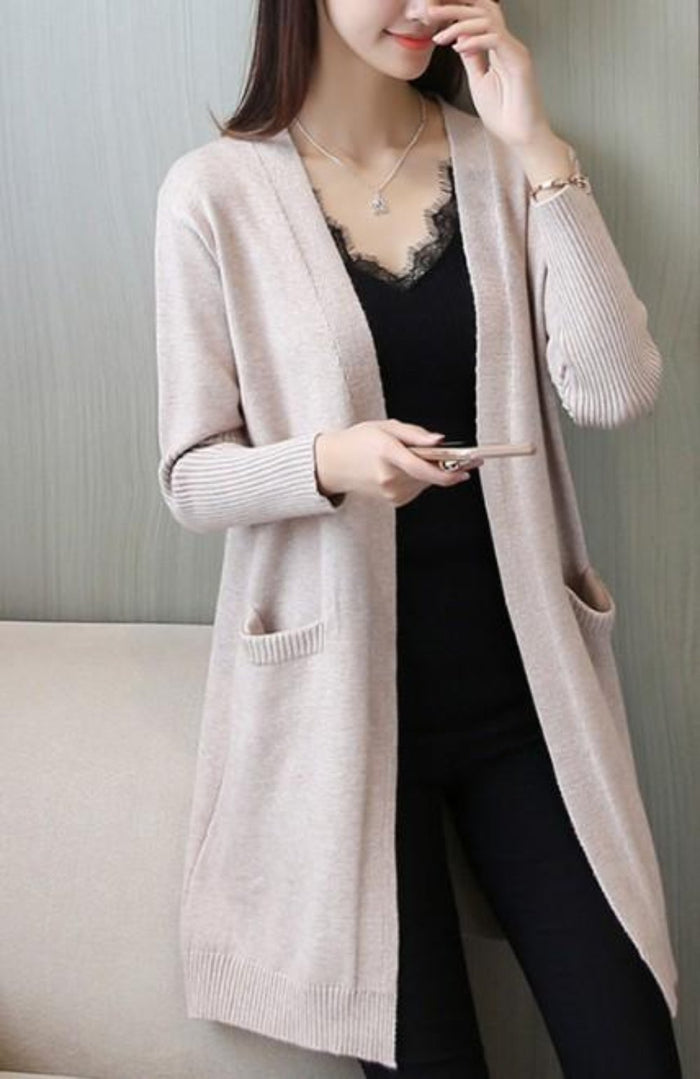 Knitted Open Cardigan for Women, Medium Length: camel brown, white open-front cardigan, casual minimal style
