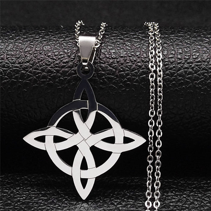 Knot-Shaped Geometric Necklace: silver, black Celtic knot, ornamental style
