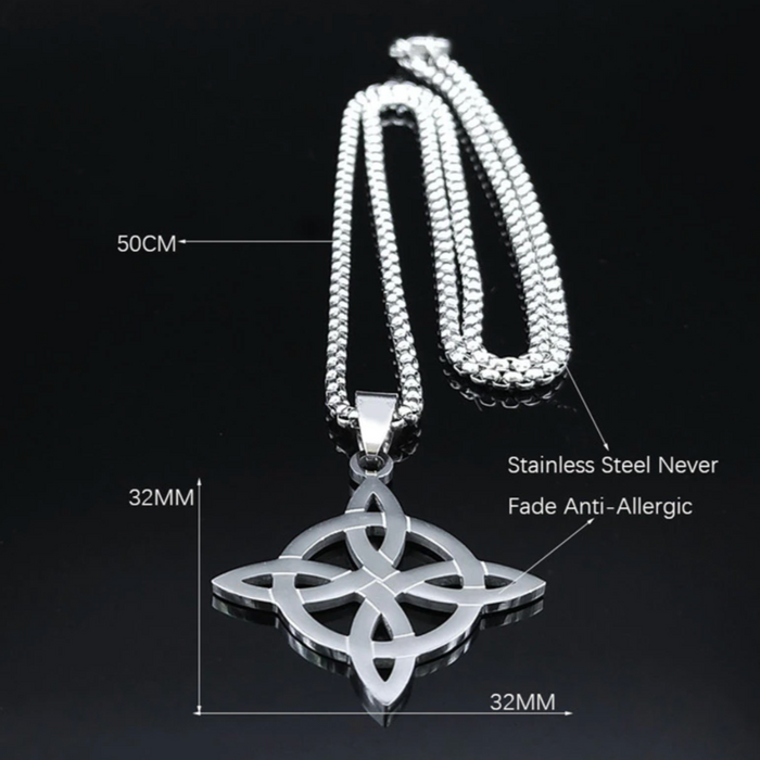 Knot-Shaped Geometric Necklace: silver, black Celtic knot, ornamental style