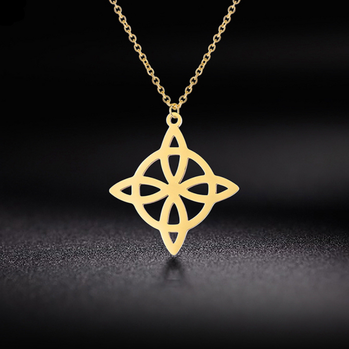 Knot-Shaped Geometric Necklace: silver, black Celtic knot, ornamental style