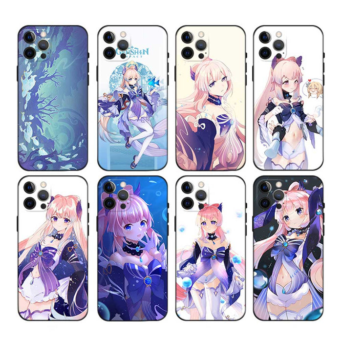 Kokomi Genshin Impact Phone Case: black, white anime-style pink-haired female character, anime, cartoon, kawaii style