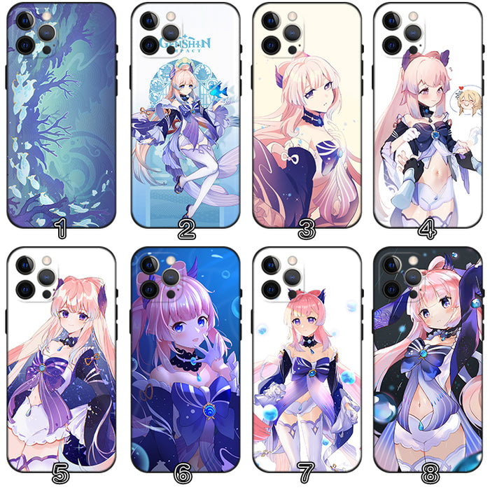 Kokomi Genshin Impact Phone Case: black, white anime-style pink-haired female character, anime, cartoon, kawaii style
