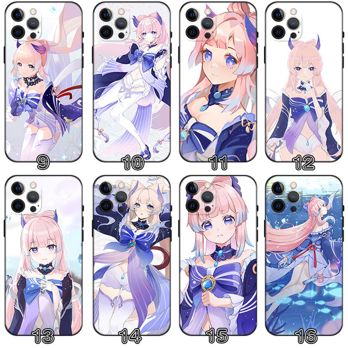 Kokomi Genshin Impact Phone Case: black, white anime-style pink-haired female character, anime, cartoon, kawaii style