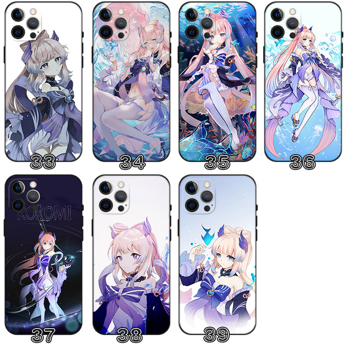Kokomi Genshin Impact Phone Case: black, white anime-style pink-haired female character, anime, cartoon, kawaii style