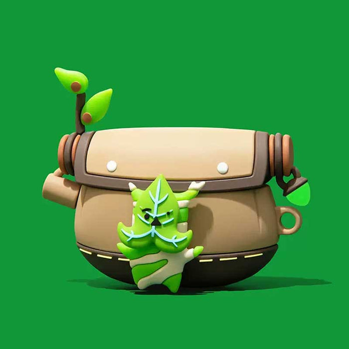 Korok AirPod Case with Glow-in-the-Dark Feature: tan, brown robot with sprouting leaves and a small leafy creature, cute cart