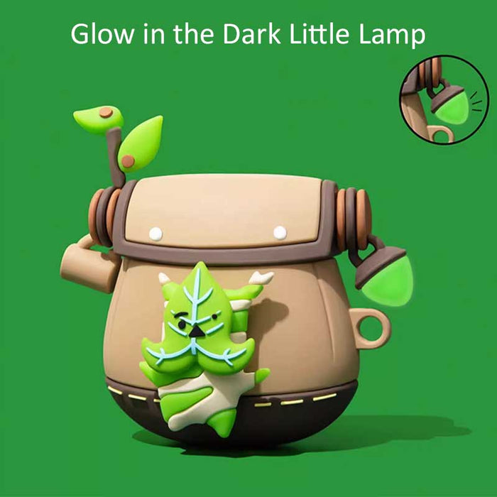 Korok AirPod Case with Glow-in-the-Dark Feature: tan, brown robot with sprouting leaves and a small leafy creature, cute cart