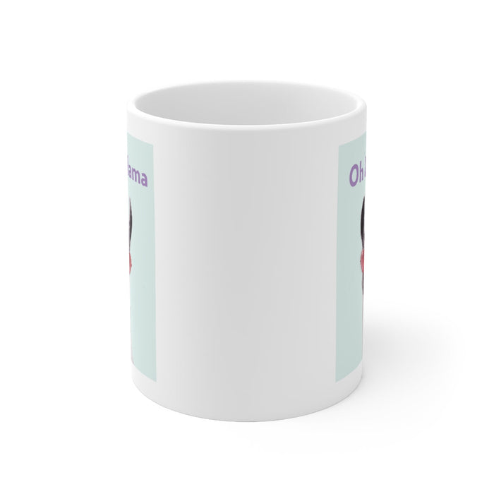 La Llama Oh Mug: white, light blue llama, cartoon-like novelty graphic style