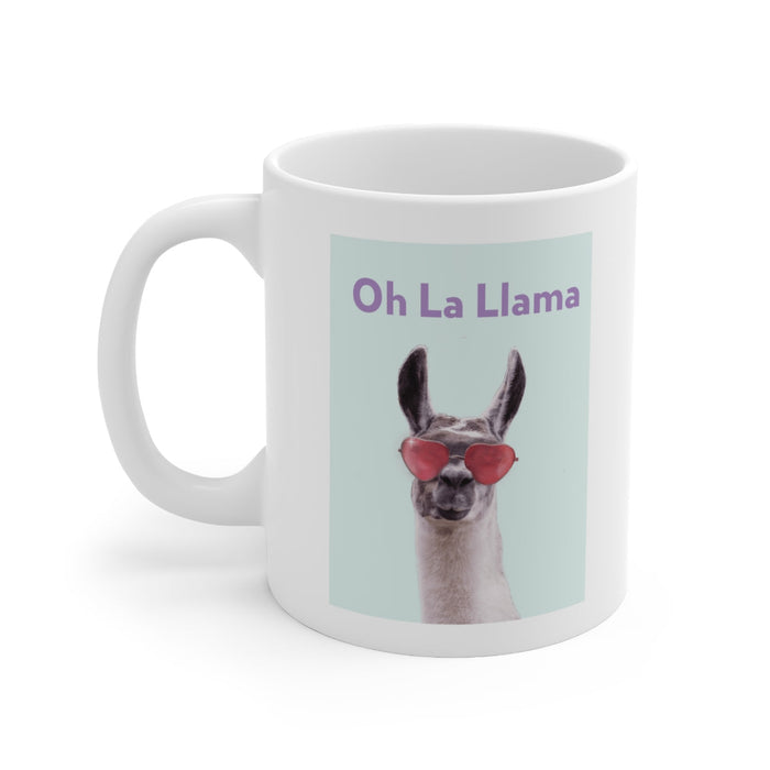 La Llama Oh Mug: white, light blue llama, cartoon-like novelty graphic style