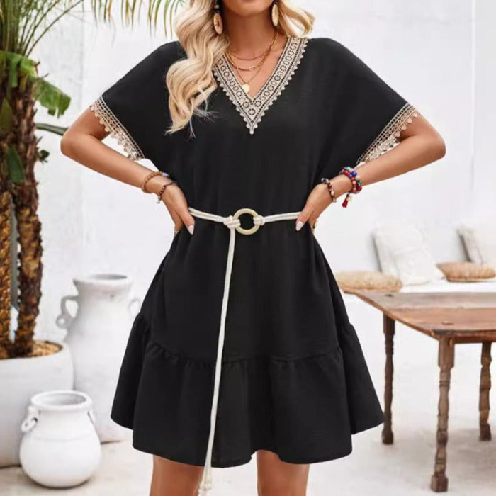 Lace Detailed Flowy V-Neck Dress: black, white dress, bohemian style