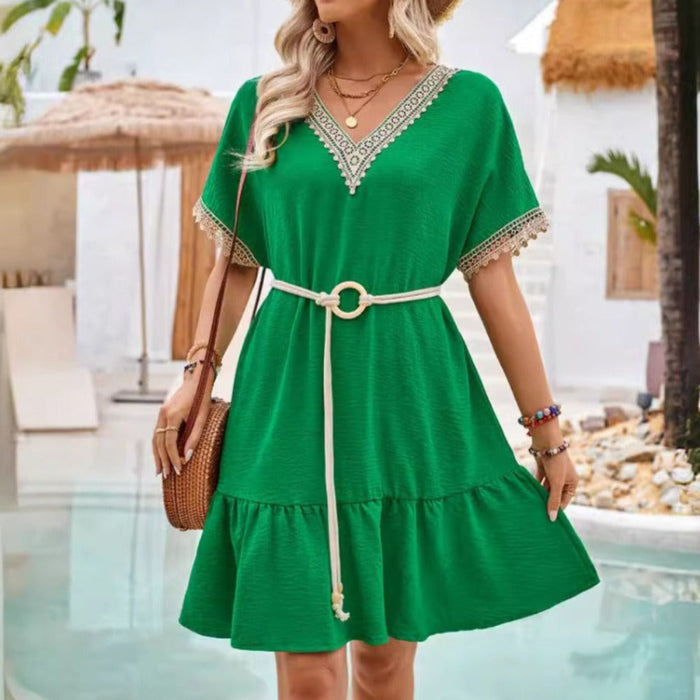 Lace Detailed Flowy V-Neck Dress: black, white dress, bohemian style