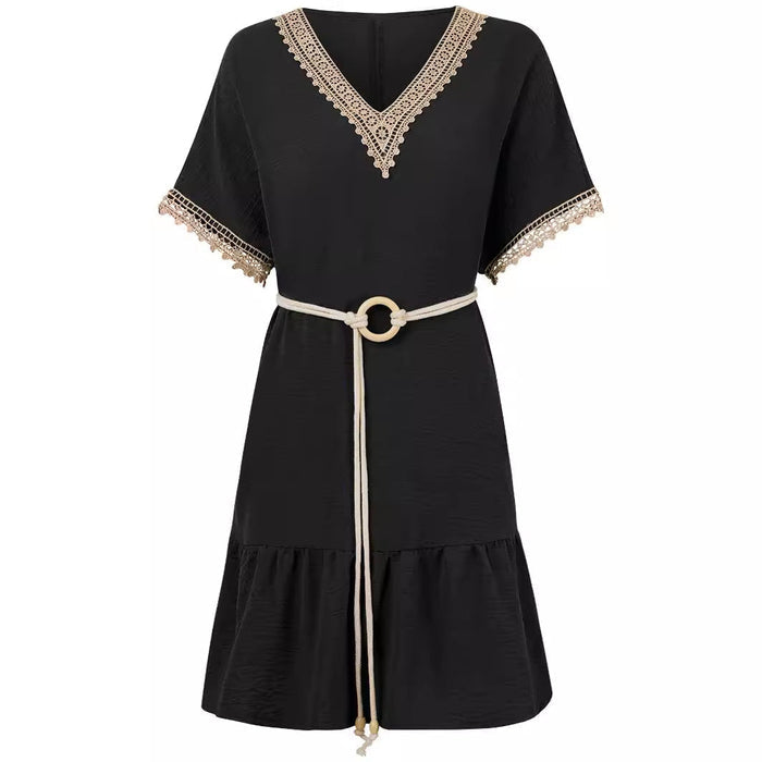 Lace Detailed Flowy V-Neck Dress: black, white dress, bohemian style