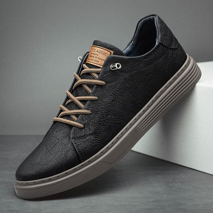 Lace Up Leather Shoes for Men: black, gray low-top lace-up sneaker, casual minimal style