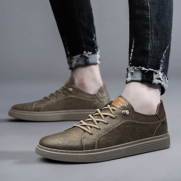 Lace Up Leather Shoes for Men: black, gray low-top lace-up sneaker, casual minimal style