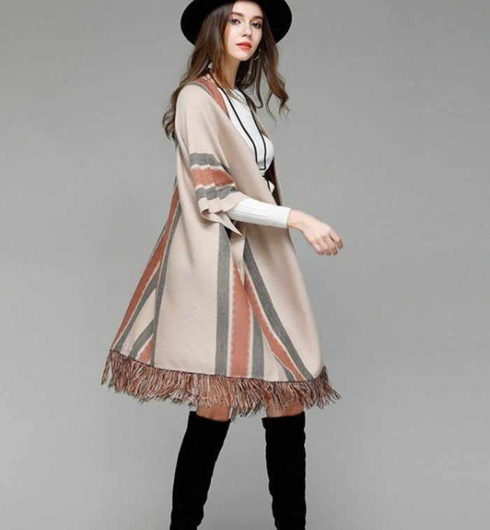 Ladies' Loose Fit Open Front Batwing Shawl: beige, cream fringed poncho/cape garment, minimal bohemian style