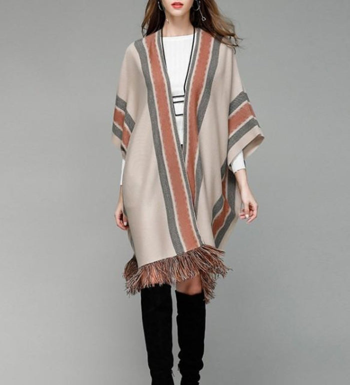Ladies' Loose Fit Open Front Batwing Shawl: beige, cream fringed poncho/cape garment, minimal bohemian style