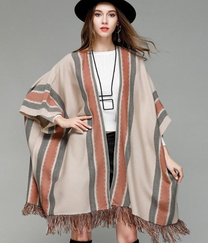 Ladies' Loose Fit Open Front Batwing Shawl: beige, cream fringed poncho/cape garment, minimal bohemian style
