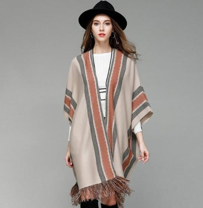 Ladies' Loose Fit Open Front Batwing Shawl: beige, cream fringed poncho/cape garment, minimal bohemian style