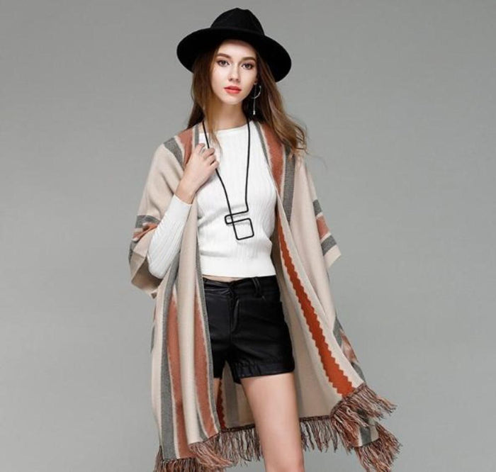 Ladies' Loose Fit Open Front Batwing Shawl: beige, cream fringed poncho/cape garment, minimal bohemian style