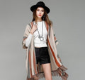 Ladies' Loose Fit Open Front Batwing Shawl: beige, cream fringed poncho/cape garment, minimal bohemian style