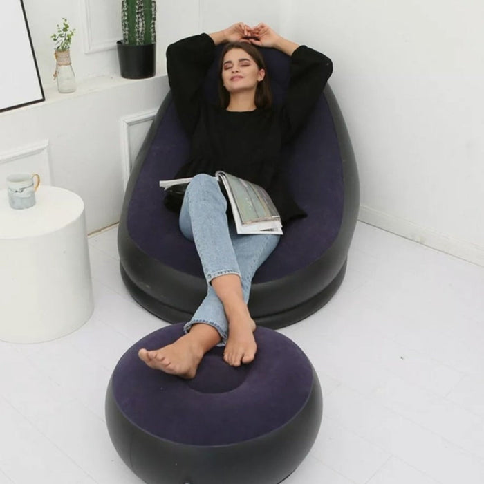 Large Bean Bag Sofa Set with Inflatable Footrest: black, taupe inflatable lounge chair with matching ottoman, minimal modern