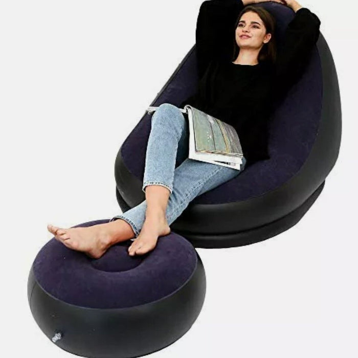 Large Bean Bag Sofa Set with Inflatable Footrest: black, taupe inflatable lounge chair with matching ottoman, minimal modern