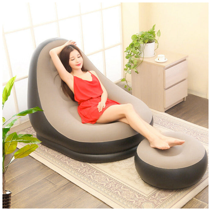 Large Bean Bag Sofa Set with Inflatable Footrest: black, taupe inflatable lounge chair with matching ottoman, minimal modern