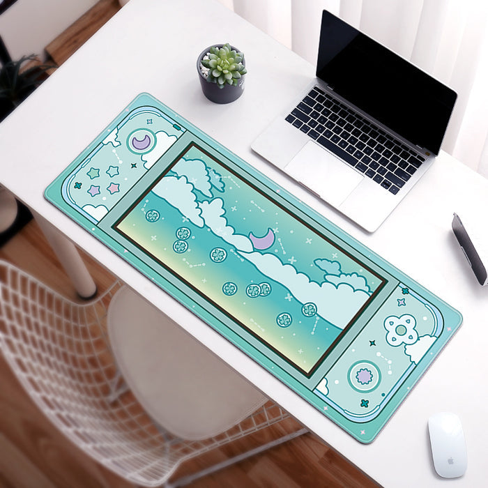 Large Desk Mats for Gaming Setup: teal, mint green celestial sky theme with moon, clouds, stars, and floral motifs, cute cart