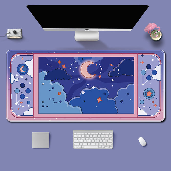 Large Desk Mats for Gaming Setup: teal, mint green celestial sky theme with moon, clouds, stars, and floral motifs, cute cart