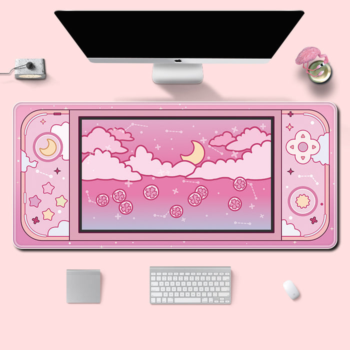 Large Desk Mats for Gaming Setup: teal, mint green celestial sky theme with moon, clouds, stars, and floral motifs, cute cart