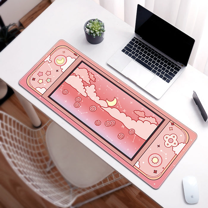 Large Desk Mats for Gaming Setup: teal, mint green celestial sky theme with moon, clouds, stars, and floral motifs, cute cart
