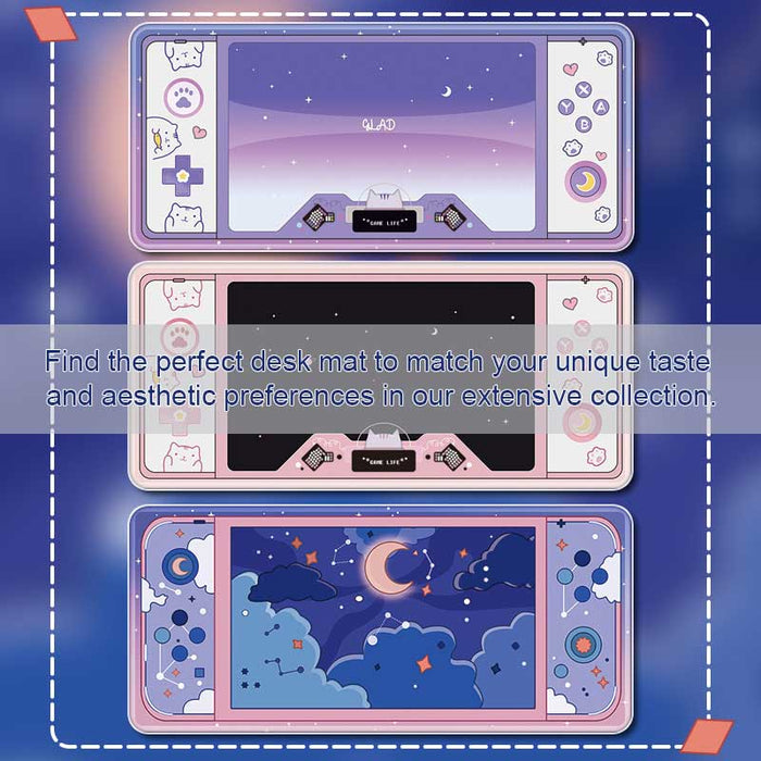 Large Desk Mats for Gaming Setup: teal, mint green celestial sky theme with moon, clouds, stars, and floral motifs, cute cart