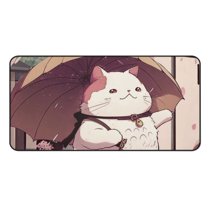 Large Mouse Pad for Anime Cat Lovers: white, pink cartoon cat holding an umbrella, kawaii cartoon style