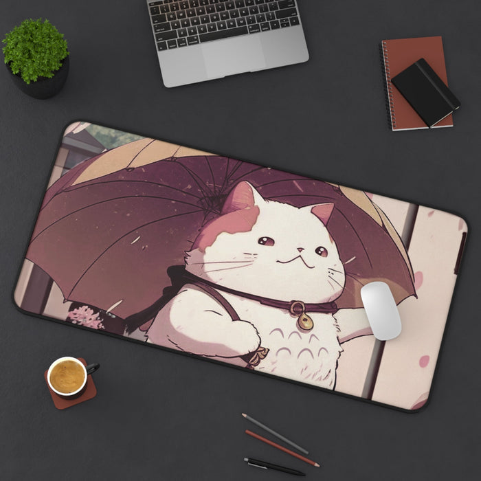 Large Mouse Pad for Anime Cat Lovers: white, pink cartoon cat holding an umbrella, kawaii cartoon style