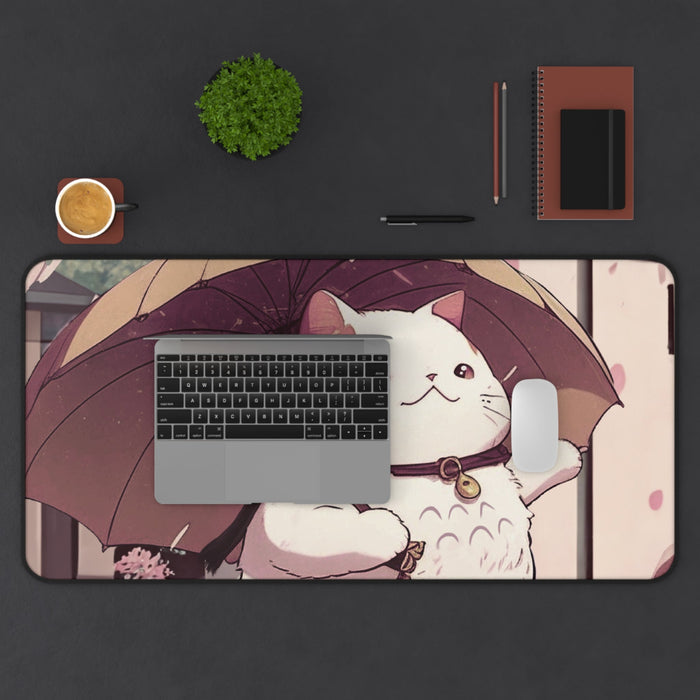 Large Mouse Pad for Anime Cat Lovers: white, pink cartoon cat holding an umbrella, kawaii cartoon style