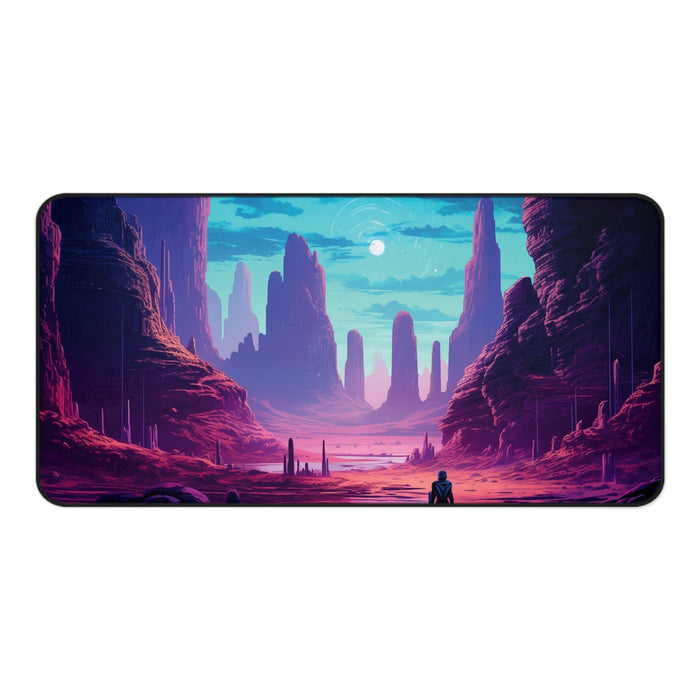 Large Mouse Pad for Gaming on an Extraterrestrial World: purple, magenta stylized desert canyon landscape with a small human