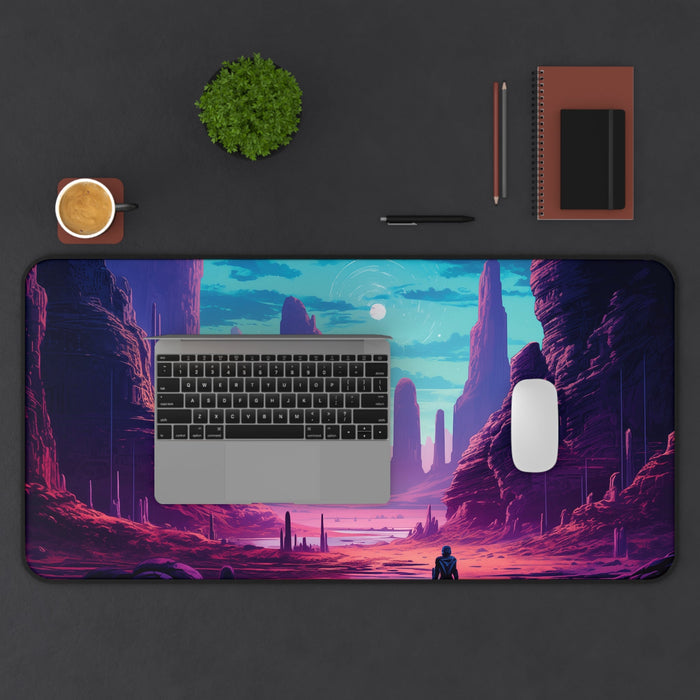 Large Mouse Pad for Gaming on an Extraterrestrial World: purple, magenta stylized desert canyon landscape with a small human