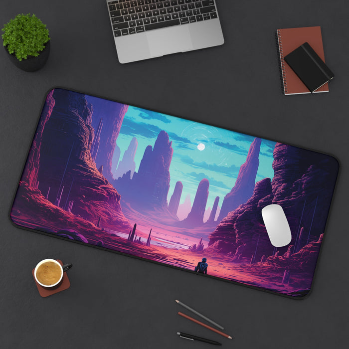 Large Mouse Pad for Gaming on an Extraterrestrial World: purple, magenta stylized desert canyon landscape with a small human